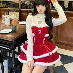 pantsparadises NEW YEAR DRESS TO IMPRESS Japanese Kawaii Lolita Dress Sets Women Hooded Shawl Short Jackets Bow Mini Skirt Korean Style Sweet Red Christmas New Year Suit