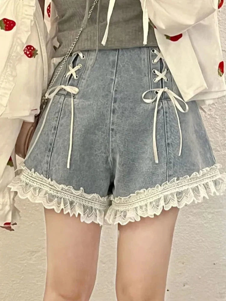 Japanese Sweet Lace-up Denim Shorts Women Summer Lace Ruched Elegant Jeans Female Korean Fashion Bow Hight Waist Shorts New