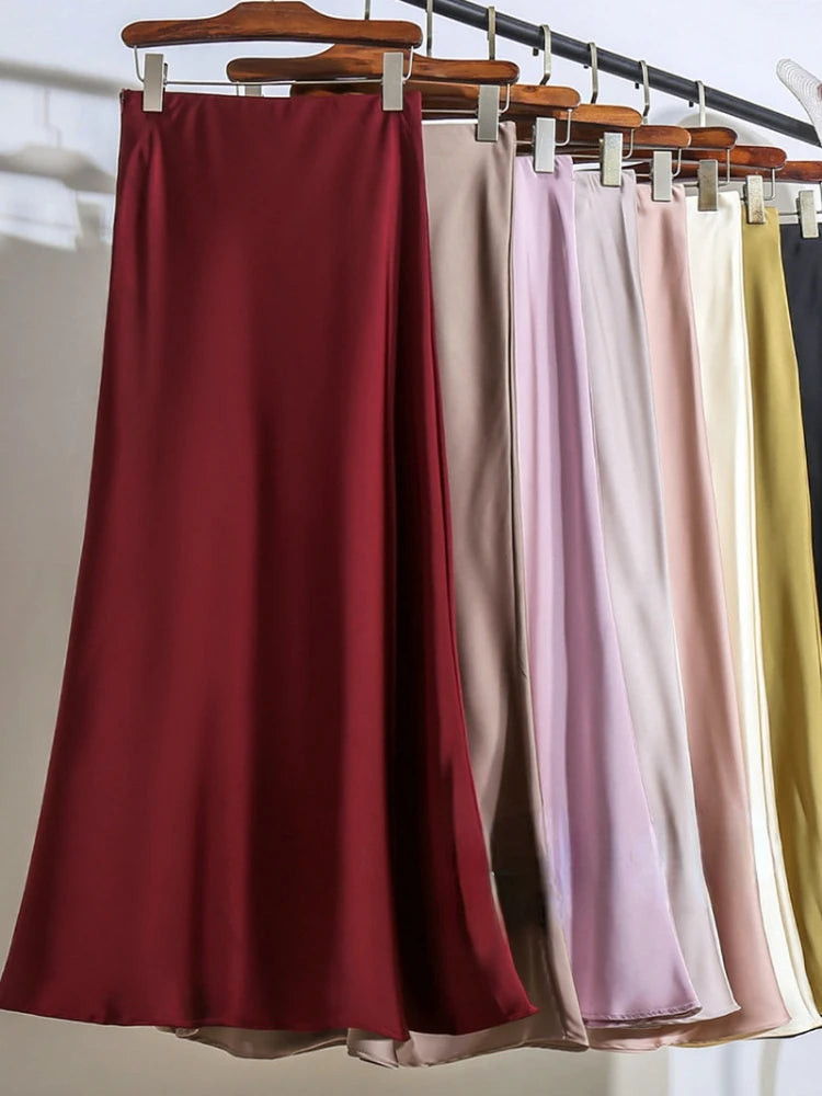 pantsparadises Satin Fishtail Skirt Woman Korean Fashion Elastic High Waist Skirts for Women Spring/summer 2024 New Slim Long Dresses