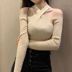 pantsparadises Women Cross Neck Halter Sweater Off Shoulder Jumpers Knit Long Sleeve Warm Pullovers Casual Sweater Women Autumn Winter