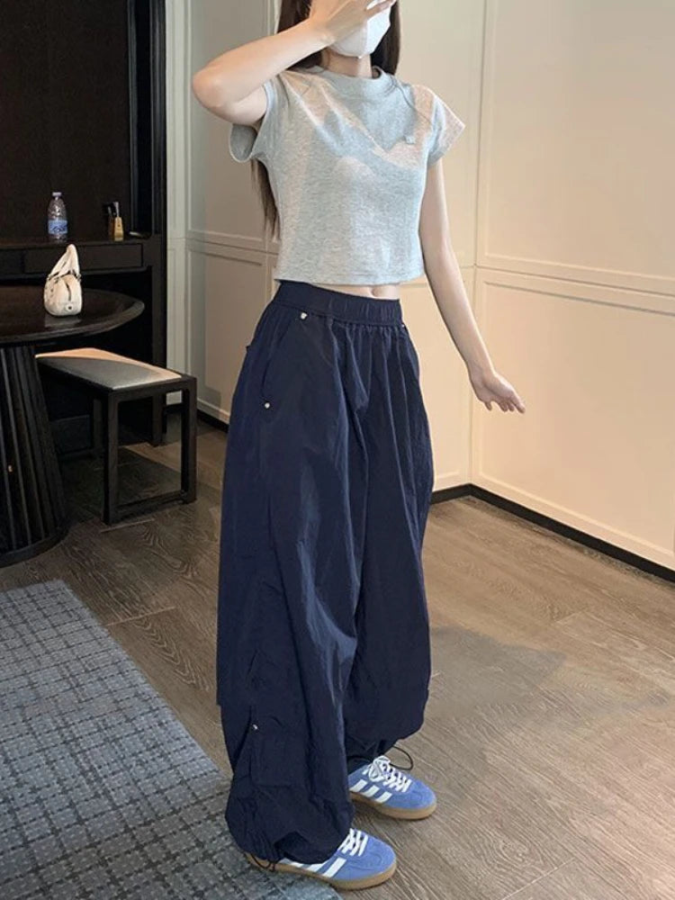 pantsparadises Y2k Baggy Parachute Pants Women Vintage Wide Leg Pleated Cargo Trousers Joggers Casual Gray Oversized Summer Streetwear