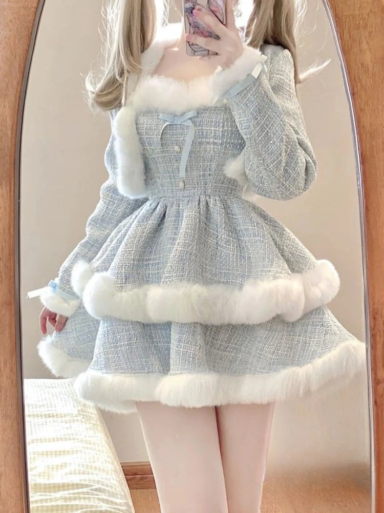 pantsparadises Winter Kawaii Lolita 2 Piece Dress Set Sweet Short Coat Warm + Cute Fashion Y2k Mini Dress Party Japanese Style Suit Woman