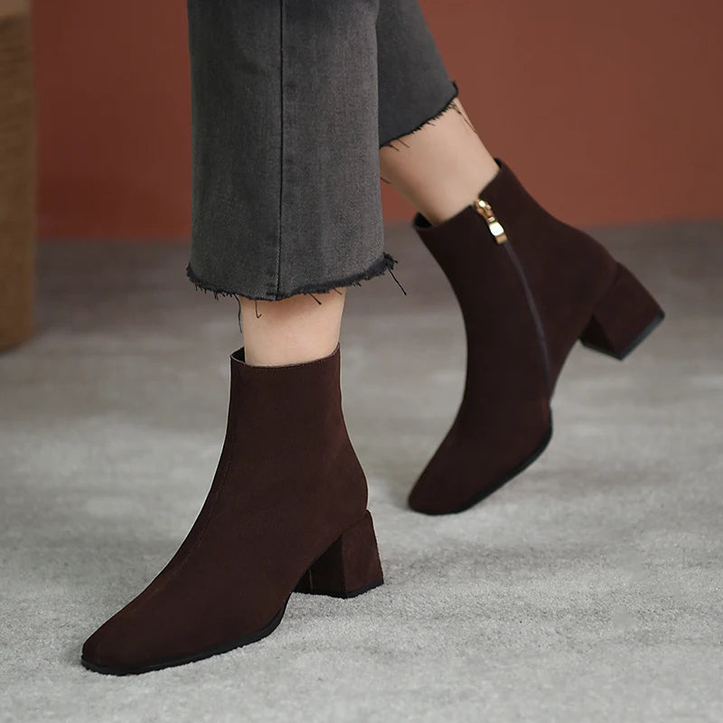 pantsparadises Vintage Suede Women Ankle Boots Fashion Thick Heel Short Booties Autumn Winter Women's Shoes