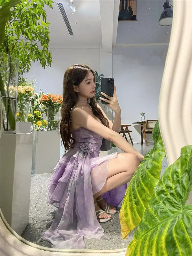 pantsparadises DRESS TO IMPRESS Purple Sexy Elegant Mini Dress Women 2024 Summer Irregular Floral Y2k Vintage Strap Dress Female Folds Design Short Party Dress