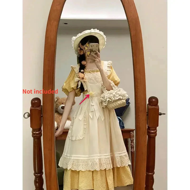 pantsparadises New French Sweet Pastoral Style Slim Square Collar Yellow Plaid Dress Women + Ruffles Outer Dress Two-piece Dress Suit