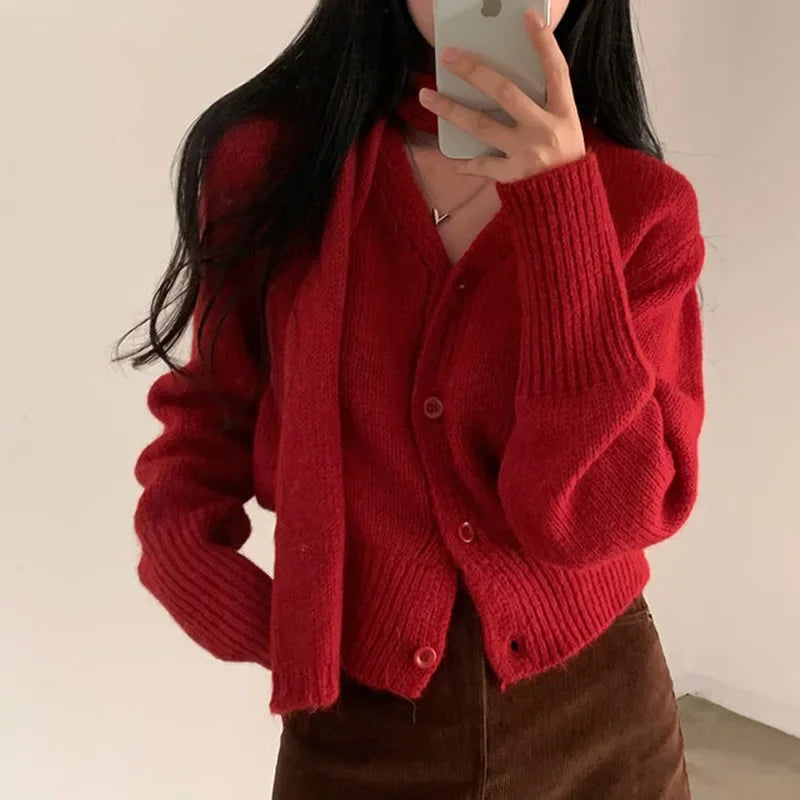 pantsparadises xmas outfits Simple Christmas Sets Knitted Cardigan Women French Chic Solid Scarf Long Sleeve V Neck Female Sweater Coat Autumn Knitwear Tops