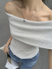 pantsparadises Chic Women Sexy Off Shoulder T-shirt Summer Knitting Stripe Slim Crop Top Y2K Vintage Harajuku White Tee Elegant Female Clothes