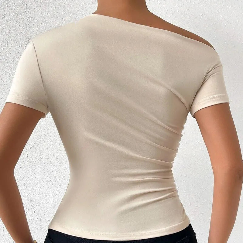 pantsparadises Solid One Shoulder T-shirt, Elegant Short Sleeve Ruched Top For Spring & Summer, Women's Clothing