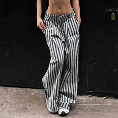 Striped Low Waist Wide Leg Pants Women Old Money Style Streetwear Fashion Baggy Trousers Office Elegant Suit Pants 2024