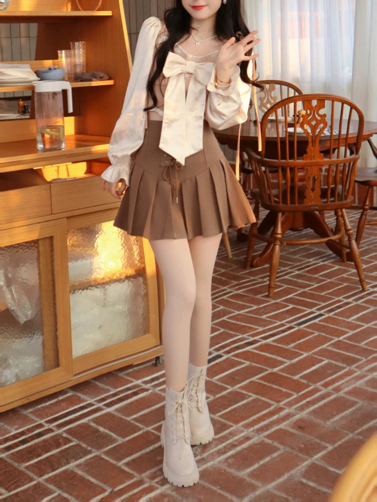 pantsparadises DRESS TO IMPRESS Korean Style Fairy Two Piece Set Women France Vintage Blouse + Bandage Mini Skirt Female Sweet Elegant Party Mini Skirt Set