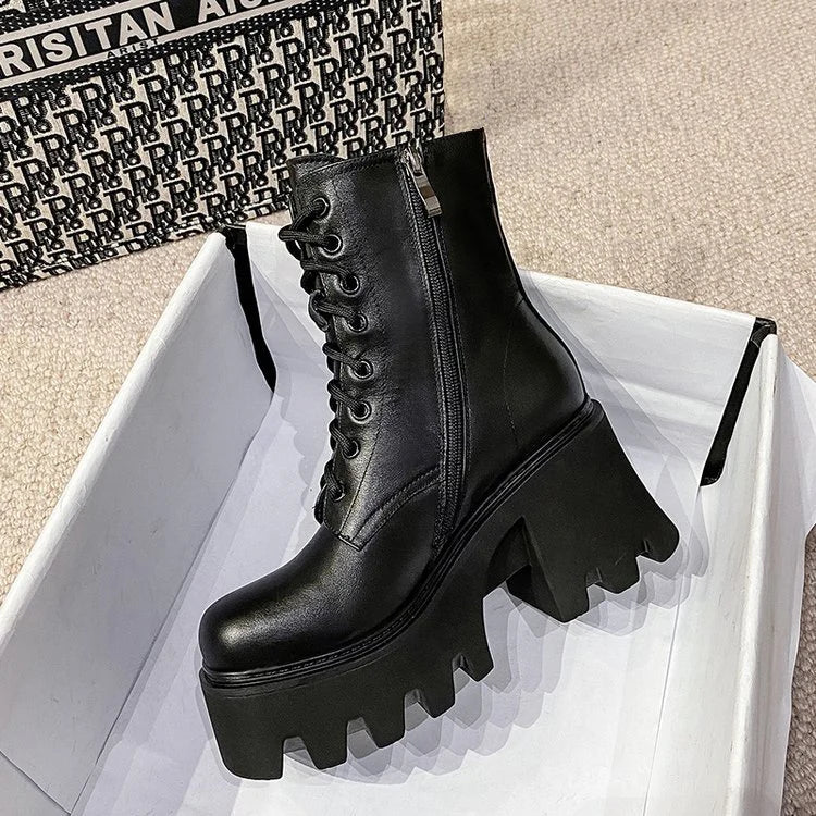 pantsparadises Punk Goth Ankle Boots Women Black Chunky Wedge Platform Shoes Woman Lace Autumn Patent Leather Footwear Lady Botas Mujer