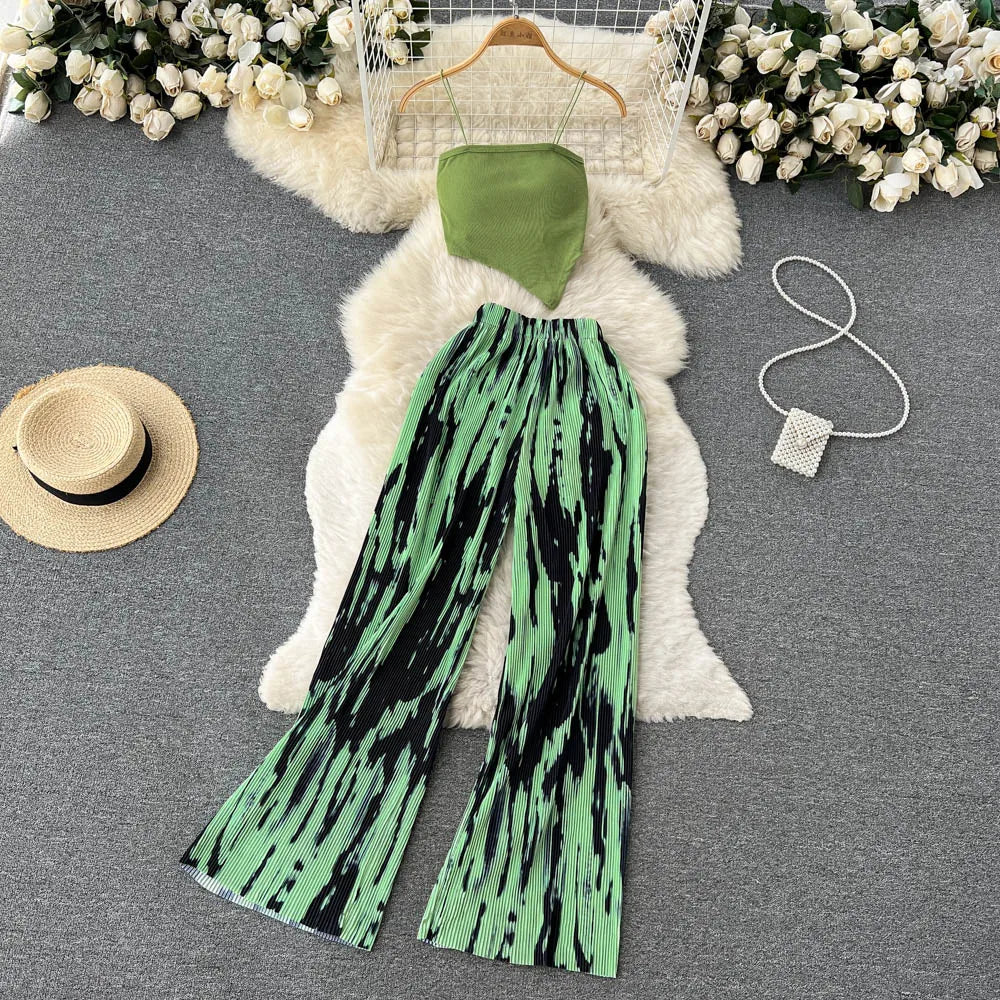 pantsparadises Summer Spaghetti Strap Crop Tops and Pantsuit Women Elegant Floral Casual Chic Beach Holiday Outfits Female Sexy 2 Pieces Set