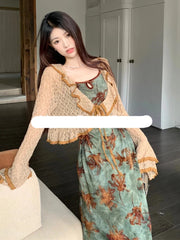 pantsparadises DRESS TO IMPRESS Vintage Elegant Floral Slip Dress Women Hollow Out Designer Korean Velvet Long Dress Female Autumn Matching Two Piece Dress Set