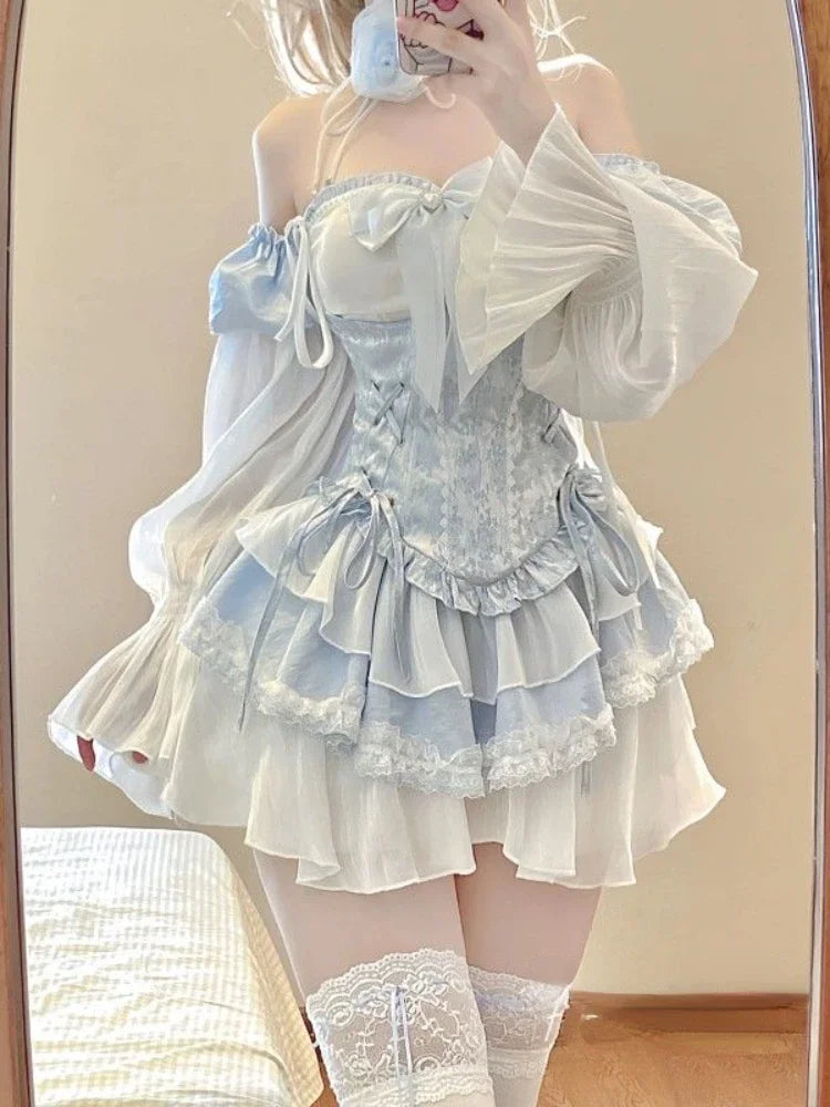 pantsparadises DRESS TO IMPRESS Autumn Blue Lolita Clothing Suit Slim Vest + Kawaii Y2k Mini Dress Elegant Short Party Dress Japanese Style Fashion Suit