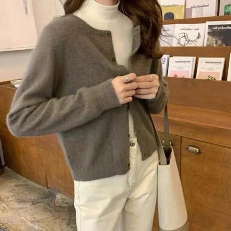 pantsparadises Cold Weather Outfits Fall Solid Color Knitted Cardigan Women Korean Single Breasted Long Sleeve Jumper Woman Round Neck All Match Sweater Outwear Top