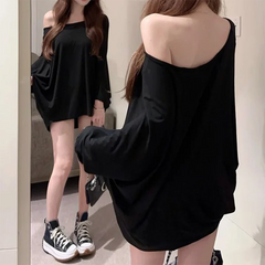 pantsparadises Solid Oversized T-shirt for Women's Casual Loose Top Fashion Bat Sleeves Simple Sexy Off Shoulder Korean Baggy T shirts Autumn