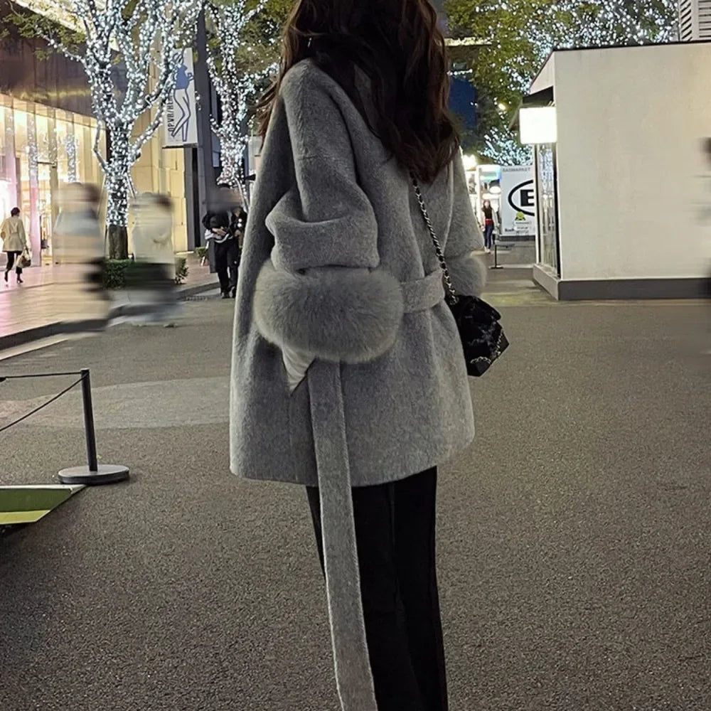 pantsparadises winter dinner outfits High End Double-sided Wool Strapping Real Wool Fur Coat Women's Removable Cuffs Fox Fur Temperament Cashmere Short Jacket