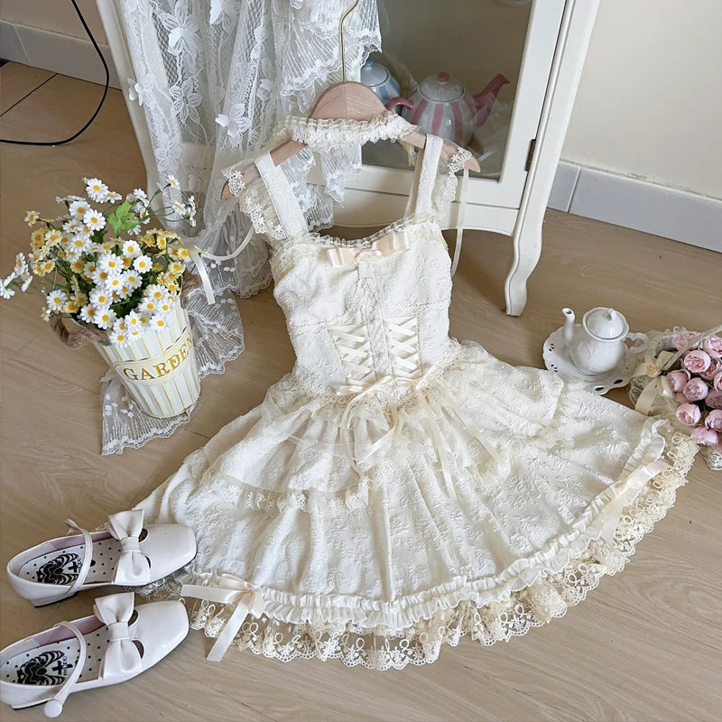 pantsparadises Japanese Sweet Lolita Jsk Dress Women Elegant Ruffles Lace Bandage Princess Strap Dresses Girls Y2k Kawaii Tea Party Mini Dress