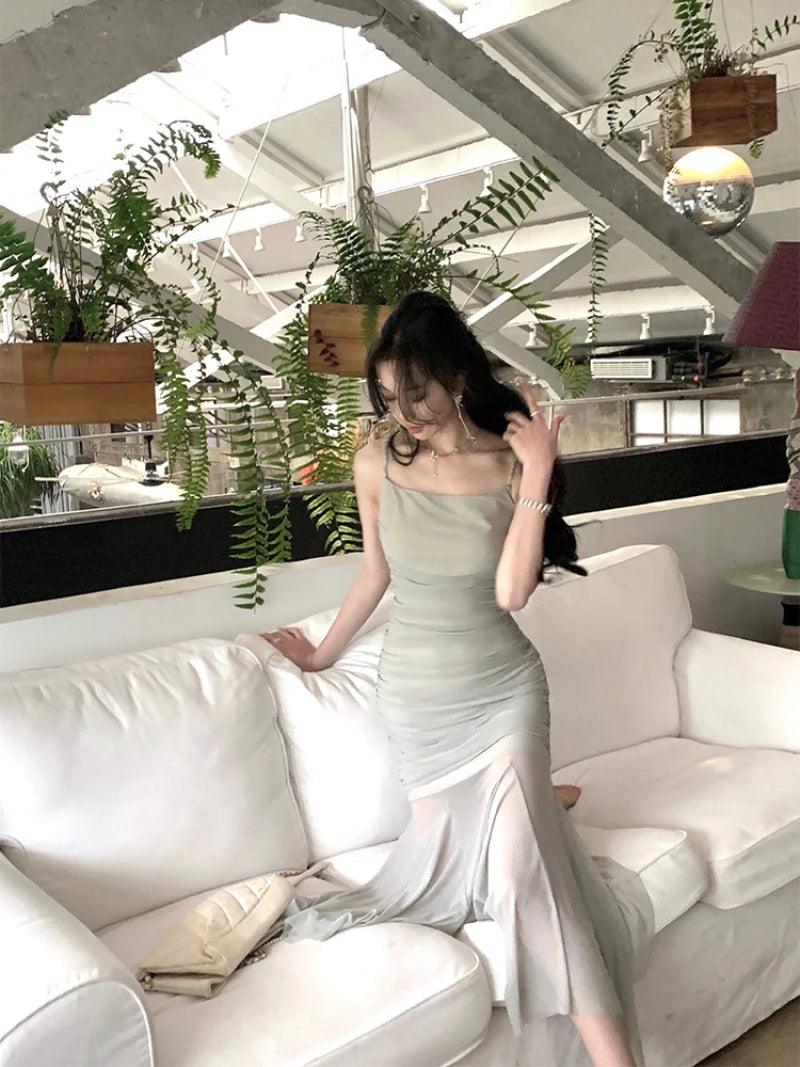 pantsparadises Korean Elegant Straps Dress Women Summer New Fashion Evening Party Ladies Vestidos Vintage Sexy Slim Female Midi Dresses