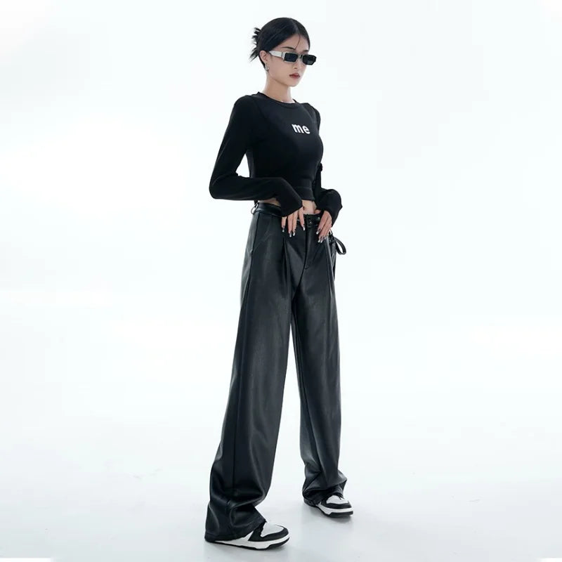 pantsparadises Black PU Leather Pants Women Casual Korean Fashion Baggy High Waist Straight Wide Leg Pants Streetwear Y2K Vintage Goth Punk