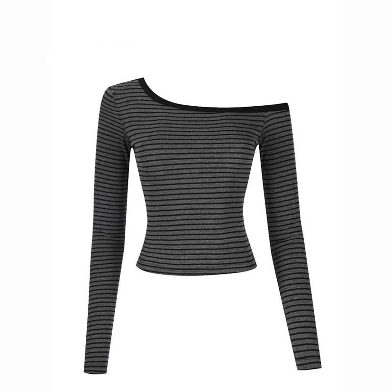 pantsparadises Slant Collar Off Shoulder Striped Long Sleeved T-shirt Women Autumn New Spicy Girl Slim Crop Top Streetwear Tops Y2k Aesthetic