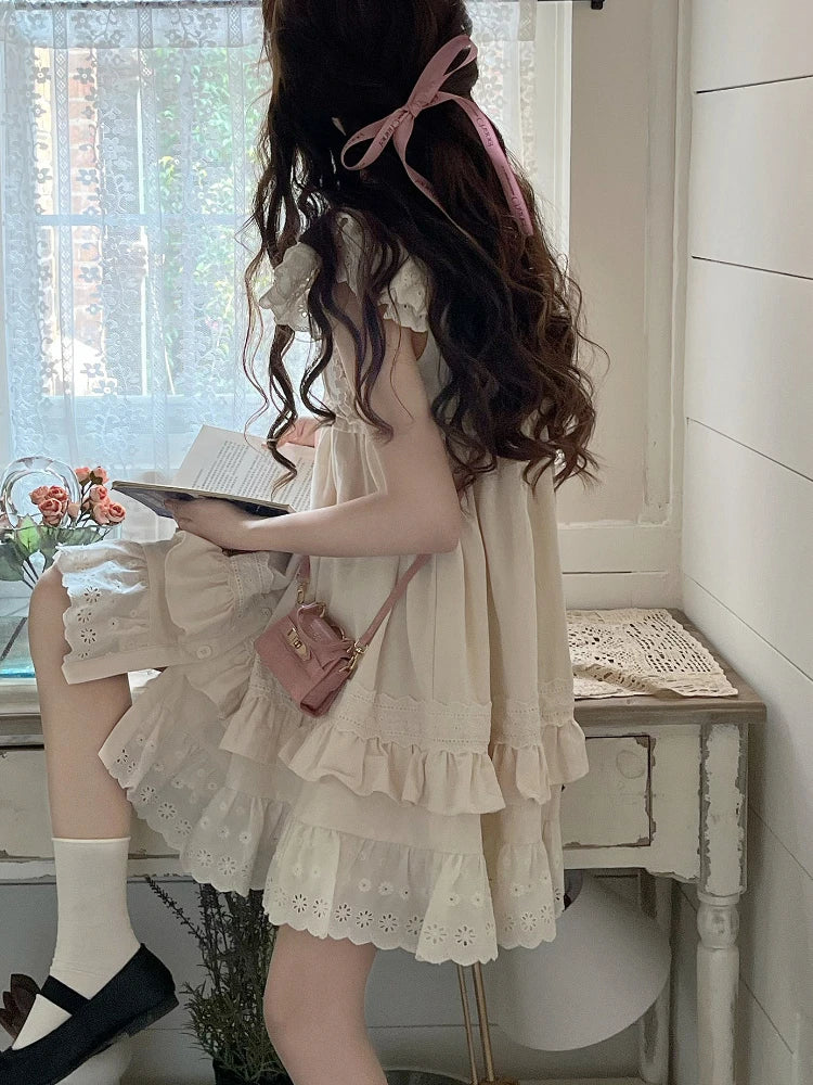 pantsparadises Summer Lolita Kawaii Mini Dress Women Flying Sleeve Japanese Sweet Cute Dress Female Korean Style Ruched Fairy Dress