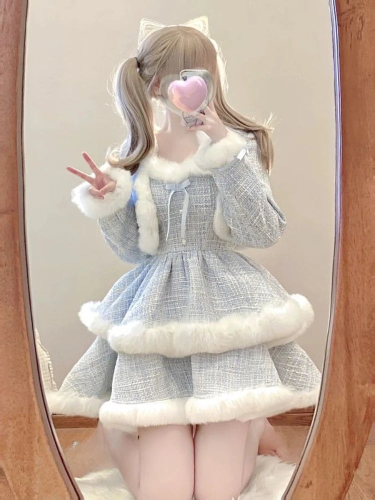 pantsparadises Winter Kawaii Lolita 2 Piece Dress Set Sweet Short Coat Warm + Cute Fashion Y2k Mini Dress Party Japanese Style Suit Woman