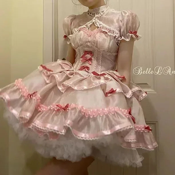 pantsparadises DRESS TO IMPRESS Sweet Girls Lolita Jsk Dress Women Vintage Y2k Bow Ruffle Flyling Sleeve Party Princess Dresses Japanese Fairy Ballet Mini Dress