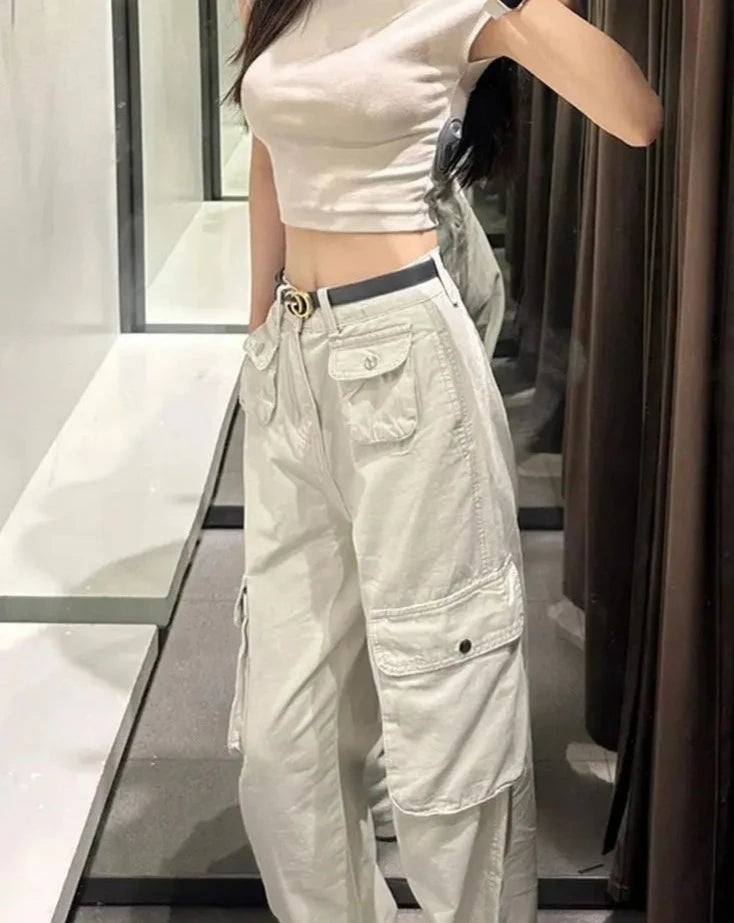 pantsparadises Fashion Pantalon New Bottoms Streetwear Y2k Cargo Pants High Waist Straight Pockets Casual Trousers Women Clothing