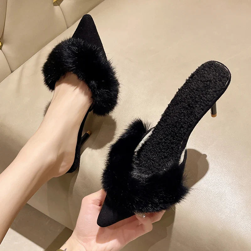 pantsparadises Spring Faux Fur Mules Slippers Women Pointed Toe Slip-On Thin Heels Sandals Woman Short Plush Lined Closed Toe Slides Shoes