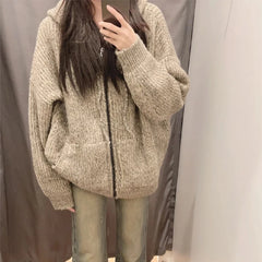 pantsparadises Zipper Hooded Knitted Cardigan Women Harajuku Vintage Knitwear Preppy Style Solid Casual Warm Sweaters Coat Oversize