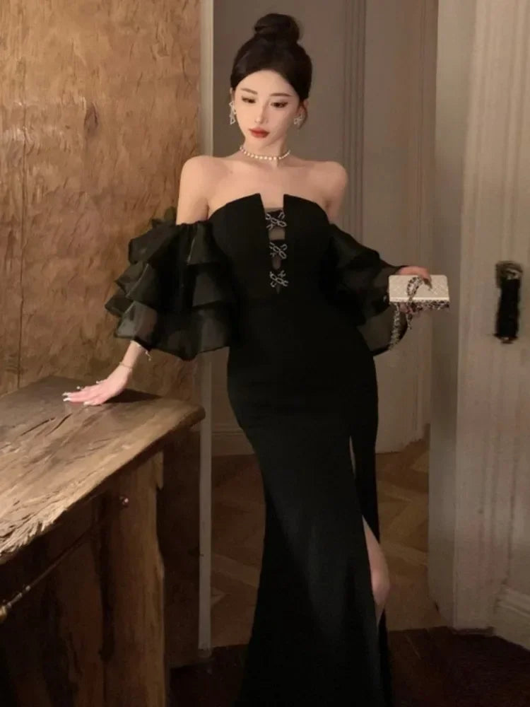 pantsparadises DRESS TO IMPRESS Elegant Party Dress Women High End Lantern Sleeve Strapless High Waist Split Long Dresses Korean Fashion Slim Vestidos