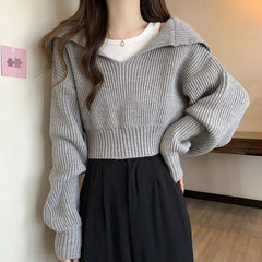 Long Sleeve Cropped Sweater Women Autumn Winter Turn Down Collar Knitted Jumper Woman Korean Style Solid Color Jerseys