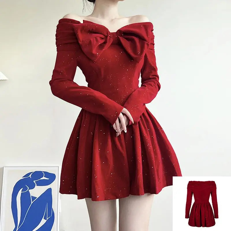 pantsparadises NEW YEAR DRESS Holiday Christmas Bow Velvet A-Line Red Dress Slim Slash Neck Long Sleeve Mini Dresses For Women Autumn Winter Lady