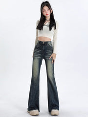 pantsparadises Blue High Waist Skinny Pants Jeans Women Autumn High Street Slimming Trumpet Denim Pants Retro Extended Version Horseshoe Pants