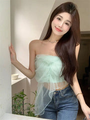 pantsparadises Women Gauze Sweet Girl Strapless Korean Style New Crop Tops Ins Summer Slim Fashion Sexy Hot Lady Fit Club Wear Aesthetics