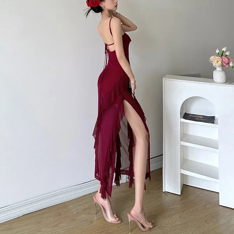 pantsparadises DRESS TO IMPRESS New Sexy Backless Lace-up Sling Dresses Summer High Waist Women's Dress Solid Slim Fashion Slash Neck Ruffled Midi Dress