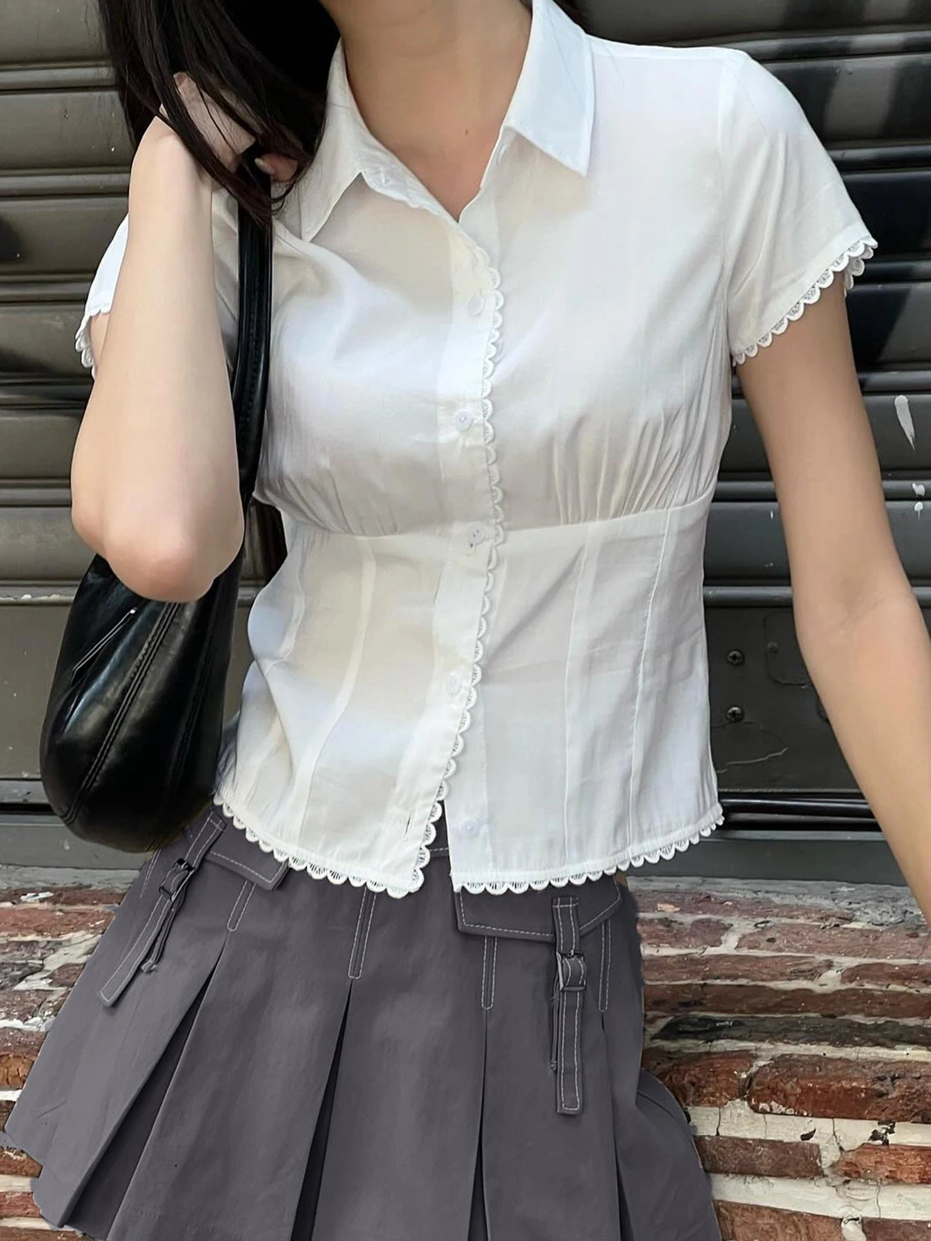 pantsparadises Style Casual Solid Lace Trim Blouse Slim Turn Down Collar Short Sleeve Shirts Women 2024 Summer Fashion Ladies