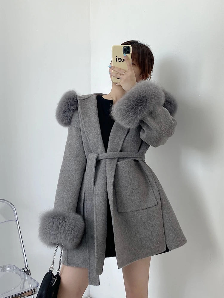 New woolen Coat Oversize Ladies Outerwear Winter Women Natural Fox Fur Collar Cuffs Jacket Hood Cashmere Wool