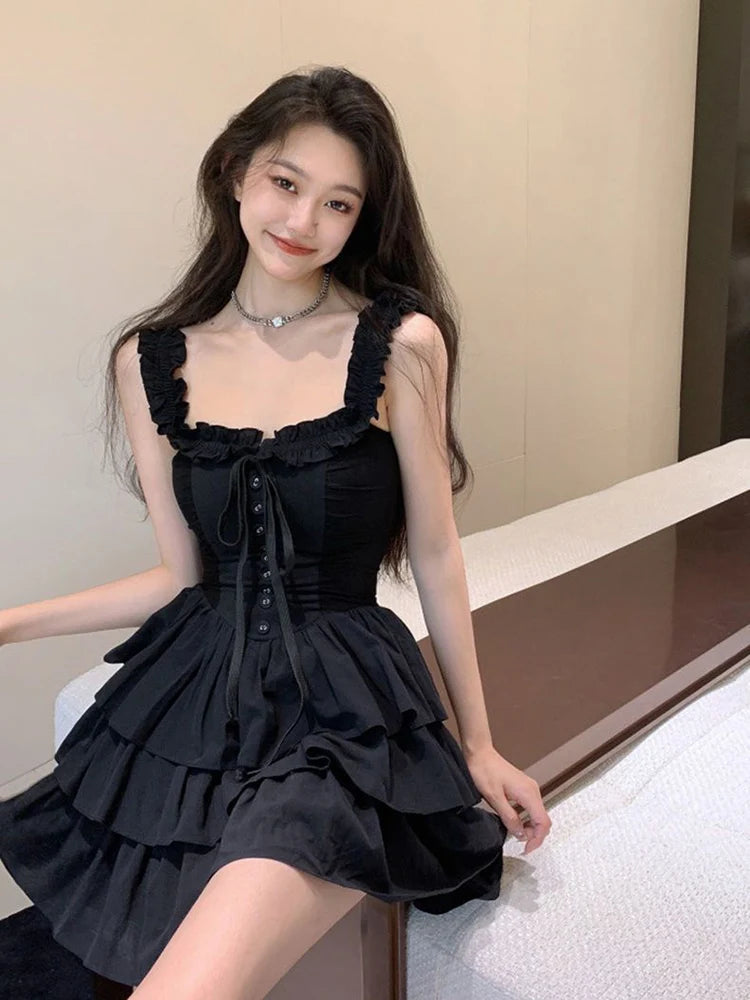 pantsparadises Sexy Slip Lolita Style Black Dress Women Vintage Sleeveless Y2K Mini Dress Summer Slim Sweet Korean Lace Up Cake Dress New