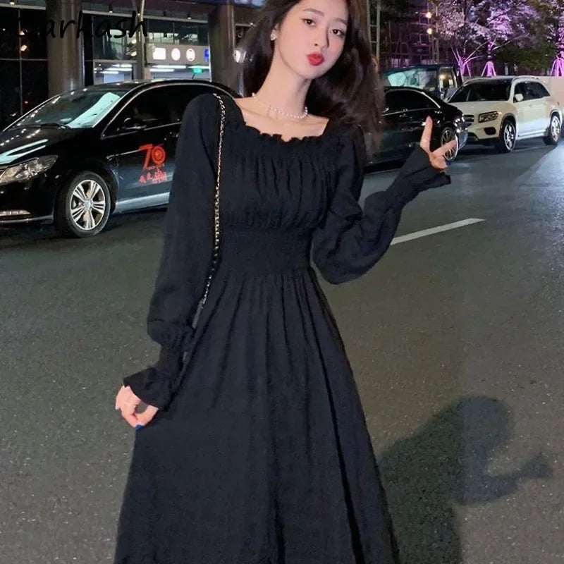 pantsparadises DRESS TO IMPRESS Dress Women Gentle Vintage Pure Chic Long-sleeve Folds Square Collar A-line  Autumn Dating Vestidos Defined Aesthetic OOTD