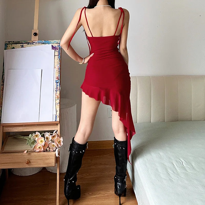 pantsparadises DRESS TO IMPRESS New Retro Summer Sexy Spicy Girl Thai Dress Fashion Irregular Niche Design Women Group Ruffled Edge Red Ribbon Mini Dresses