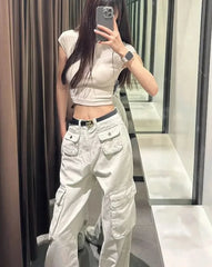 pantsparadises Fashion Pantalon New Bottoms Streetwear Y2k Cargo Pants High Waist Straight Pockets Casual Trousers Women Clothing