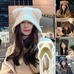 pantsparadises Cute Girl Knit Ear Protection Hat Bear Women Earmuffs Cap Woolen Crochet Bonnet Solid Color Hood Beanies Winter Warm Headgear