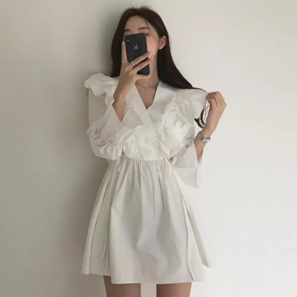 pantsparadises Dresses for Women Spring Short Mini Clothes Ruffle Woman Dress Long Sleeve Outfits Summer Cheap Casual Retro