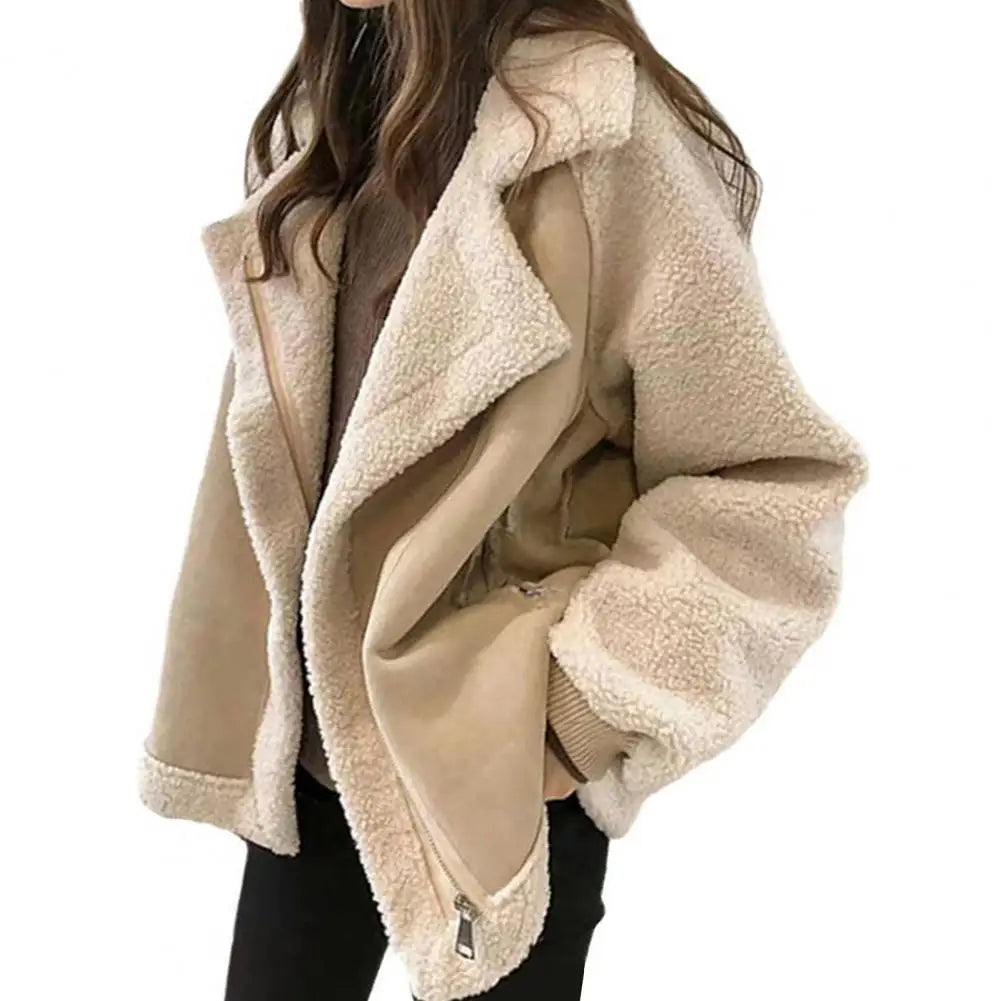 pantsparadises aspen outfits winter  Fall Winter Women Jacket Thick Heat Retention Loose Women Coat Turn-down Collar Long Sleeves Lambswool Windproof Coat