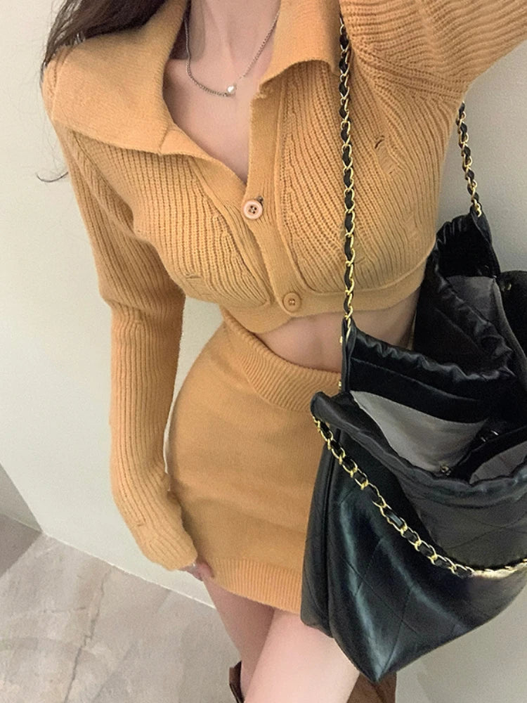 pantsparadises BACK TO SCHOOL OUTFIT Knitted 2 Piece Dress Set Dress Women Autumn Casual Long Sleeve Korean Style Sweater Suit Office Lady Elegant Y2k Chic Sets