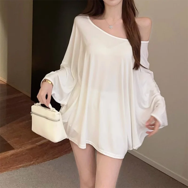 pantsparadises Solid Oversized T-shirt for Women's Casual Loose Top Fashion Bat Sleeves Simple Sexy Off Shoulder Korean Baggy T shirts Autumn