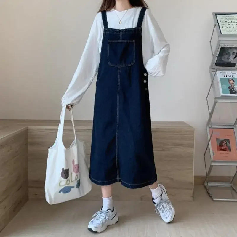 pantsparadises Spring Summer Denim Overall Dress Women Casual Sleeveless Jeans Dresses Fashion Solid Split Loose Spaghetti Strap Dresses Girls