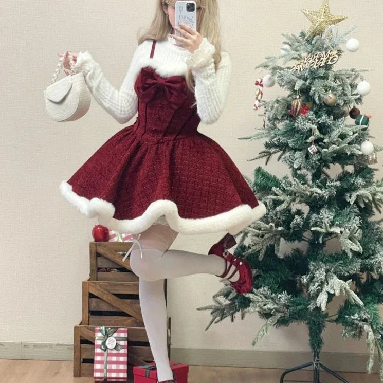 pantsparadises Christmas Outfits Sweet Lolita Style Dress Sets Women Elegant Bow Plush Shawl Short Jackets Mini Skirts Suit Kawaii Christmas New Year 3 Piece Set